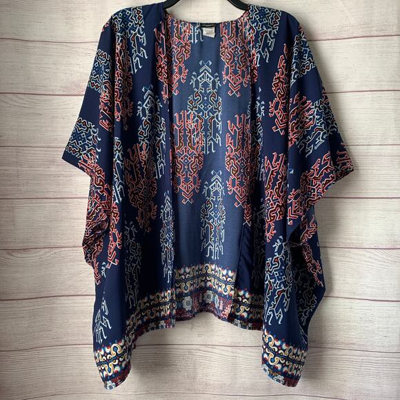 Aggie Navy Blue Geometric Cardigan Kimono Duster Swim Cover Up Size M - Picture 1 of 13
